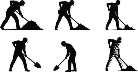 WebDigging worker silhouettes, manual labor with shovels, black figures in motion, soil excavation, construction effort, ergonomic posture, industrial work scene