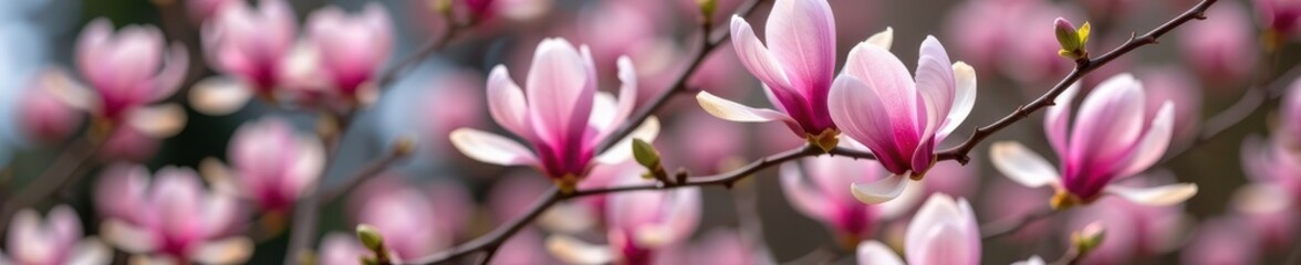 Obraz premium Delicate pink magnolia blossoms on a branch, springtime blooms, soft petals, vibrant color, fresh flowers, nature, spring, floral, botany, nature, springtime, magnolia blossoms