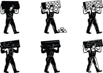 Construction worker silhouettes, brick wall carrying, black and white illustration, labor strength, industrial effort, graphic design, posture study, building work