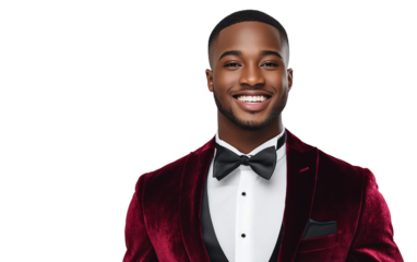 Handsome man wearing a luxurious velvet suit jacket expressing happiness and style on his special day isolated on transparent background PNG