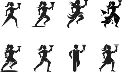 Running torch bearer, silhouette illustration, symbolic flame figure, athletic posture, cultural icon design, freedom symbol, inspirational runner, enlightenment torch, ceremonial relay concept