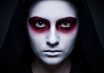 Close up portrait of a mysterious woman in white makeup with red eyeshadow, creative Halloween costume concept for party or horror design