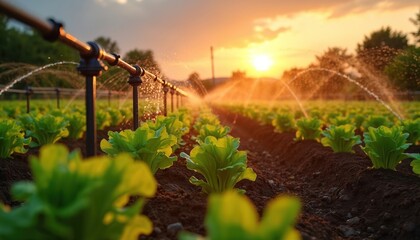 Water saving drip irrigation system waters rows of vibrant green lettuce plants in cultivated farm field. Golden sunset sun illuminates fresh salad crops. Modern eco farming method promotes smart
