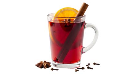 Aromatic mulled wine with spices isolated on transparent background, a winter warmer