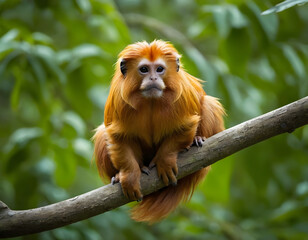 Rare Golden Lion Tamarin on Tree Branch, golden lion tamarin