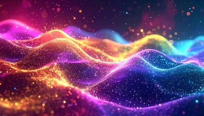 An ethereal, undulating landscape of vibrant color, awash in light and shimmering particles with a blurred background
