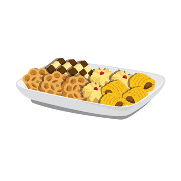 Vector illustration of various Malaysian traditional Eid festive dessert in a plate, biskut dam, kuih ros, semperit and tart nenas