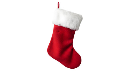 Classic red christmas stocking with white fur trim isolated on transparent background