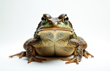 Obraz premium Large Asian toad with bumpy textured skin, wide eyes sits on white background. Amphibian spiny toad with greenish brown mottled pattern, showing detailed features of head, legs. Waits patiently.