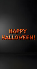 Obraz premium Shiny orange foil balloon letters spelling Happy Halloween on black background, vertical template for spooky party invitations seasonal sales or festive social media posts with copyspace. 