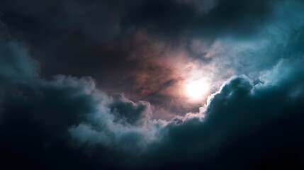 Sunlight breaks through dramatic colorful storm clouds at twilight