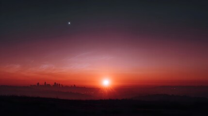 Naklejka premium A vibrant sunrise casts a warm glow over a distant city skyline with a bright planet visible in the dawn sky