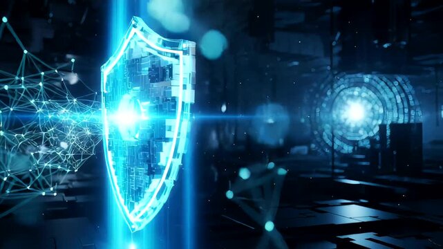 Futuristic digital shield representing cybersecurity with glowing connections - Powered by Adobe