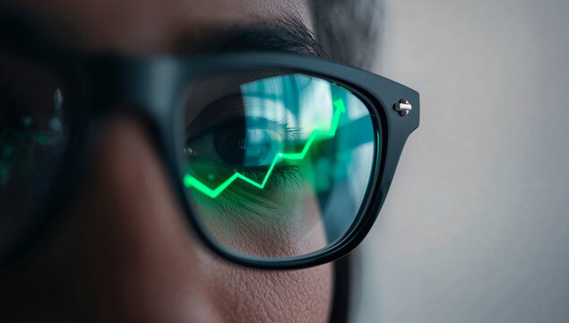 Close-up of person wearing modern glasses reflecting bright green upward-trending line chart. Concept of growth, financial success, investment and market analysis