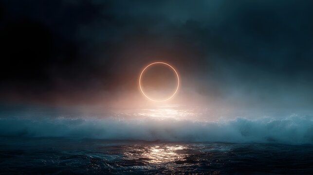 A glowing orange ring hovers over a turbulent sea at dusk reflecting in the water amidst fog and waves - Powered by Adobe