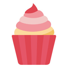A simple flat design illustration of a delicious cupcake with pink and yellow frosting in a red striped wrapper
