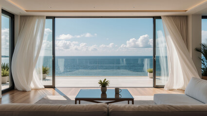 A bright coastal living room with sheer curtains open to reveal a stunning ocean view and waves crashing on the sandy beach.	