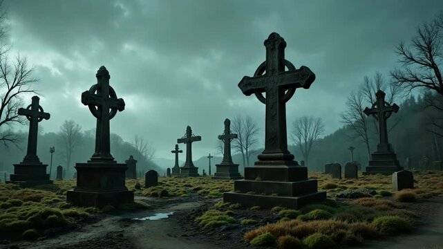 Celtic crosses in an eerie graveyard under a moody sky  