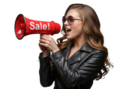 Stylish woman in leather jacket shouting sale announcement with red megaphone