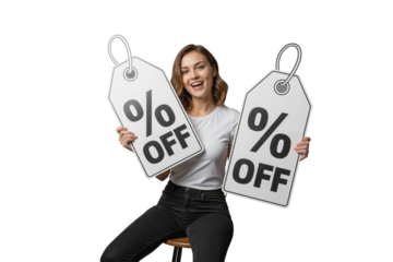 Happy woman holding large discount tags with percent off signs