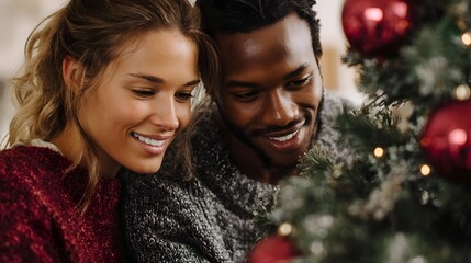 A happy diverse couple looks at a festive Christmas tree decorated with ornaments and lights