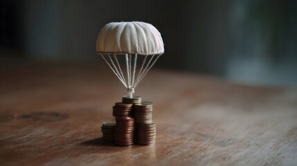 A miniature parachute is shown protecting a stack of coins on a wooden table