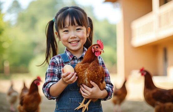 Happy Asian little girl smiles, holding brown chicken, fresh egg. Child wears plaid shirt, denim overalls at farm setting. Young kid learns about poultry, farming, rural life outdoors. Enjoys caring