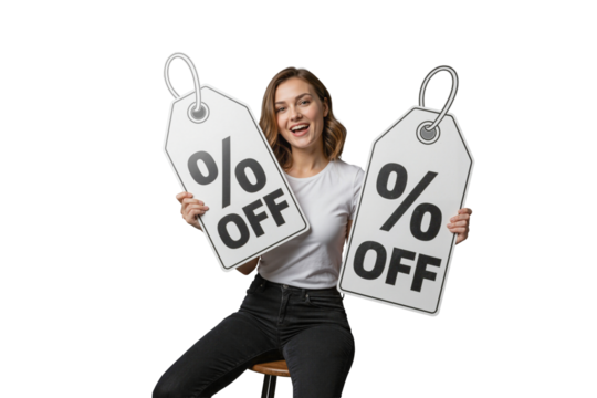 Happy woman holding large discount tags with percent off signs