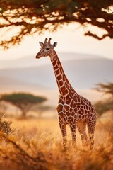 Obraz premium Giraffe in golden savanna at sunset