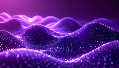 Abstract digital art piece depicting undulating waves, illuminated with glowing particles and a gradient of purple hues
