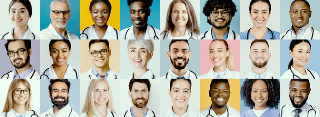 Collage features a diverse group of healthcare professionals smiling and engaging with each other. Each individual represents different backgrounds and specialties, highlighting unity in medicine.