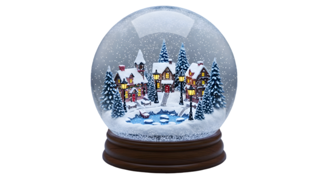 Snow globe isolated on transparent background with a winter village scene inside