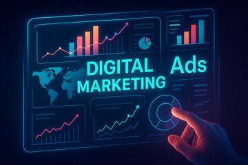 Hand interacting with futuristic digital marketing dashboard showing ads and global analytics