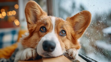 Obraz premium Cute corgi dog looking out at snow