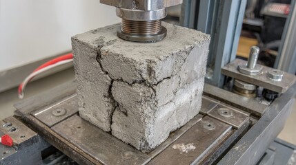 Concrete cube undergoes destructive testing under applied pressure.