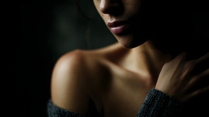Close up of a woman s bare shoulder and collarbone with her hand resting gently softly lit against a dark background
