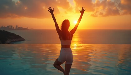 Woman balances in tree pose by infinity pool at vibrant sunset. She raises arms towards sky over calm sea with cityscape distant. Peaceful yoga or meditation practice.