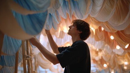 Medium shot of a designer adjusting a canopy made from recycled fabrics focusing on fabric detail while the rest of the structure softly blurs.