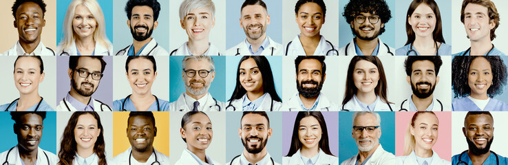 A colorful collage features various healthcare professionals smiling. This diverse group represents different backgrounds and specialties, showcasing teamwork in delivering care and support.