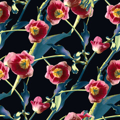 seamless pattern with pink tulip  flowers on navi blue background 