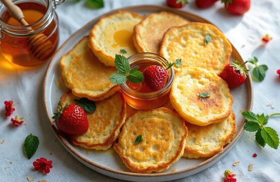Round Moroccan baghrir pancakes served with honey and fresh strawberries. Mint leaves garnish the sweet breakfast treat on a plate. This delightful dish is perfect for brunch or dessert.
