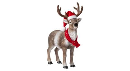 Reindeer figurine wearing a santa hat and scarf isolated on transparent background