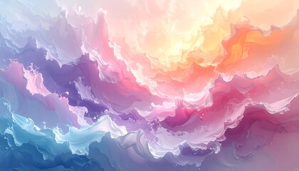 An ethereal, vibrant depiction of swirling, cloud-like formations in a spectrum of colors, from cool blues to warm oranges and pinks