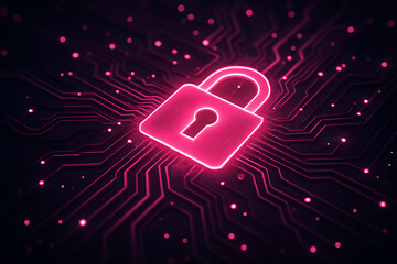 Pink Glowing Padlock on Digital Circuit Board Representing Cybersecurity and Data Safety