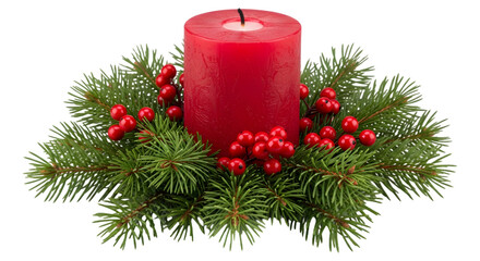 Red candle with pine branches and berries isolated on transparent background