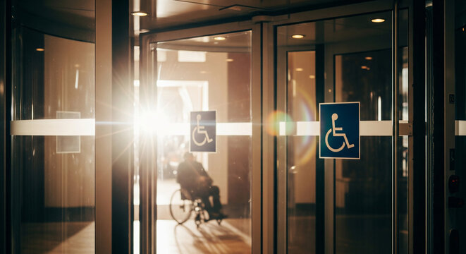 Automatic revolving door with accessibility symbol and blurred figure in wheelchair during daytime