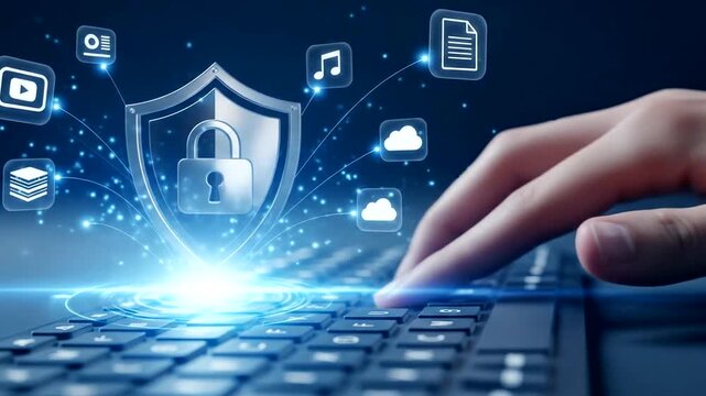 Digital security concept with hand on keyboard and icons in background