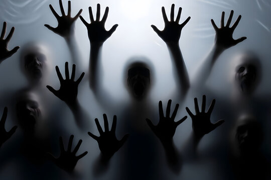 Silhouettes of people behind glass surrounded by shadowy hands on white background, banner template for horror movie poster Halloween promotions or spooky season campaigns with copyspace.
