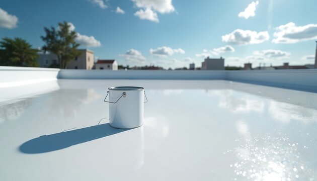 White paint can sits on a freshly coated flat rooftop under bright blue sky. The surface is smooth and reflective, showing clouds and sun. Buildings are visible in the distance.