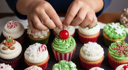 Kids Decorating Holiday Cupcakes — Christmas Dessert Preparation with Candy and Sprinkles